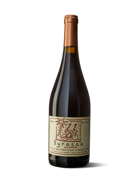 A bottle of Moroccan red wine, made from Syrah grapes.