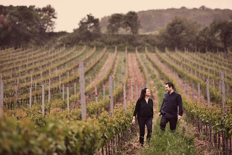 two winemakers walking among their grape vines