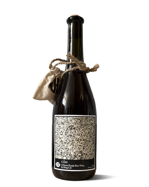 photograph of a bottle of wine with a bag around its collar