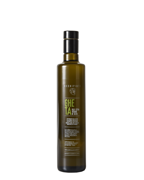 a tall, slender bottle of olive oil